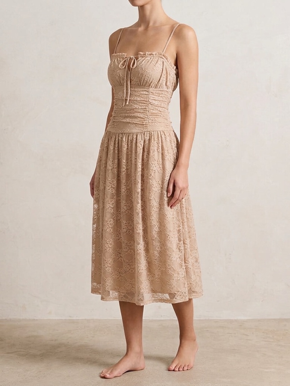 Monteau Romantic Beige Lace Ruched Corset Midi Dress Spaghetti Straps Size XS